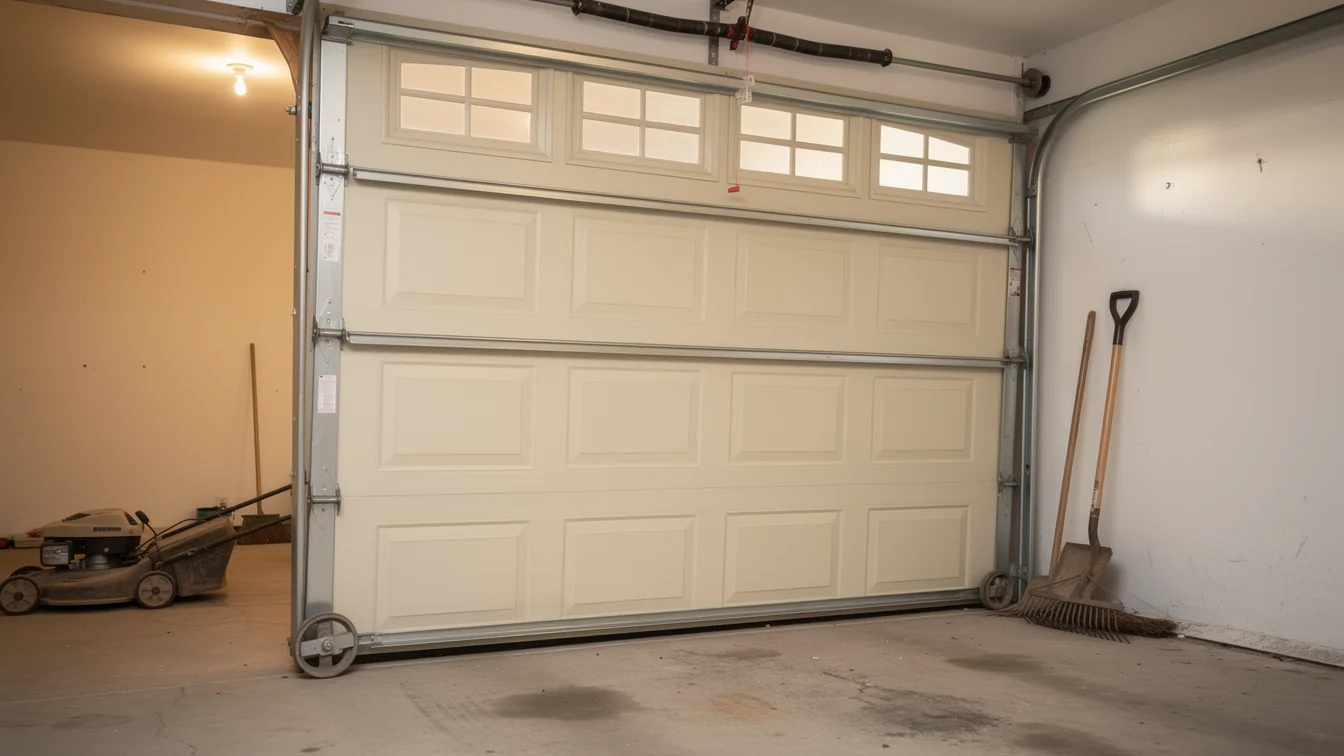 The beige garage door is partially open, showing a torsion spring and windows.