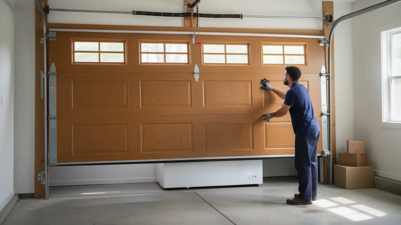 A technician in a blue uniform is installing a light brown garage door with windows.