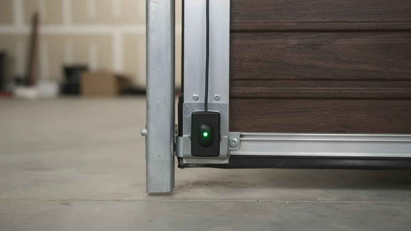 A garage door safety sensor with a green light is mounted on a metal track.