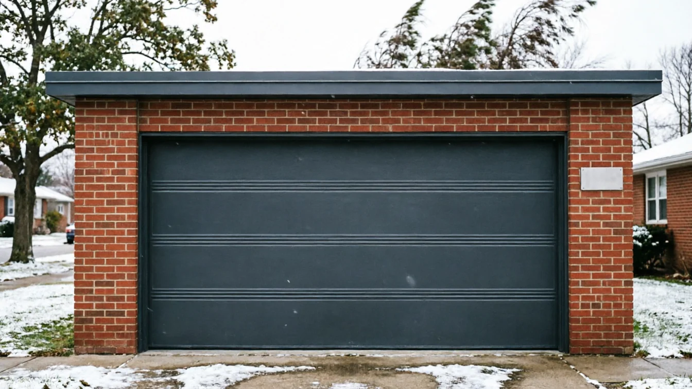 A dark gray garage door is set in a red brick garage on a snowy day.