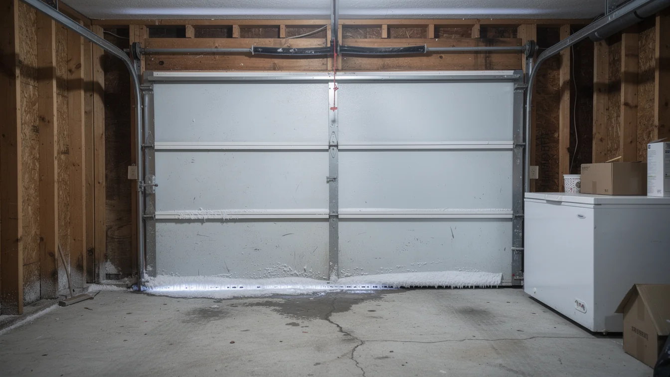 The white garage door has ice and water on the bottom.