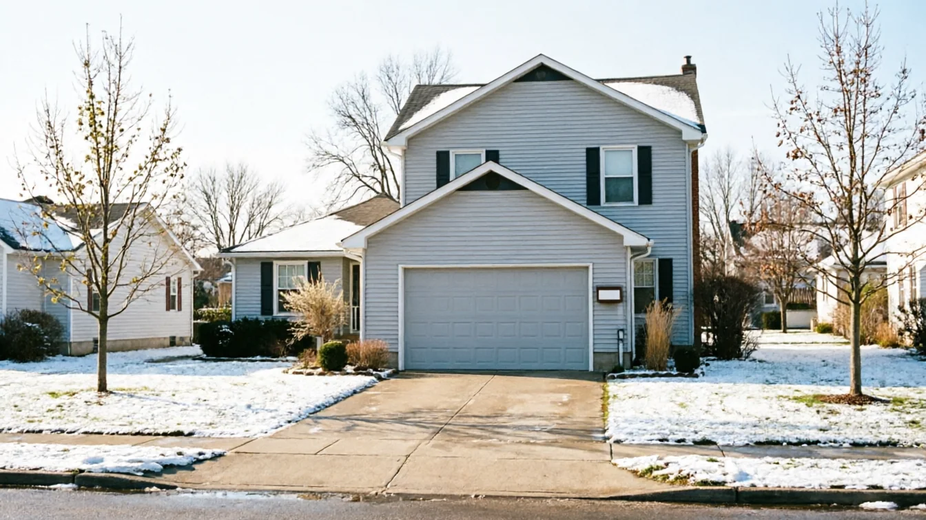 The house has light blue siding, a gray garage door, and a light dusting of snow.