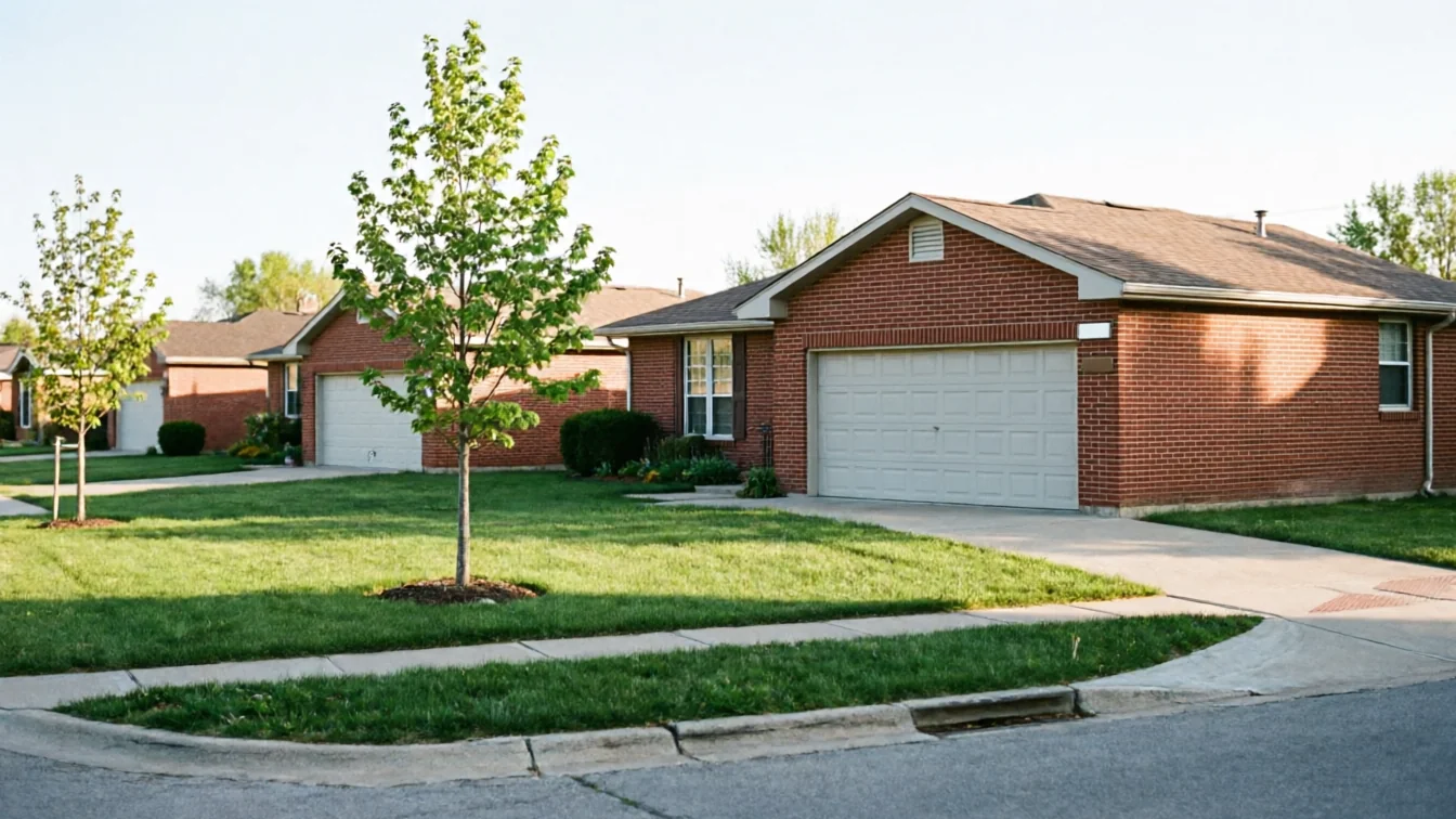 The garage door is light gray on a brick house with a green lawn and trees.